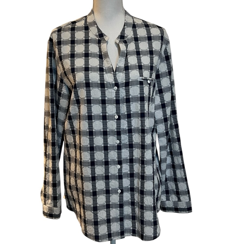 Lior Luxe Navy Plaid Cotton Button Down Shirt XL‎ Cottagecore Career Comfort Top